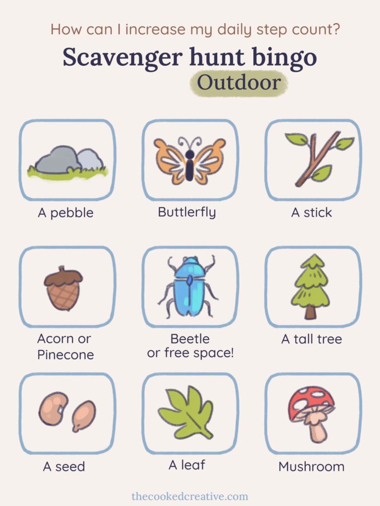 Fun bingo sheet for outdoor use, promoting ways to enhance your daily step count with enjoyable activities.