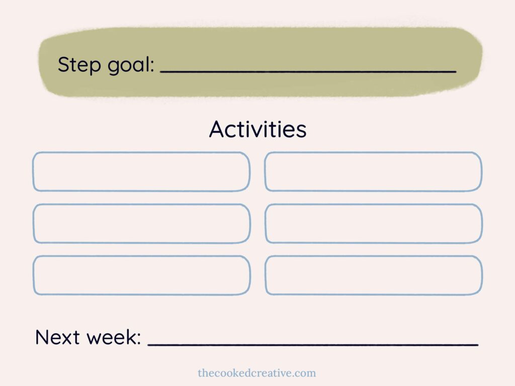 Weekly activity sheet for setting daily step goals, planning activities, and outlining next week's fitness objectives.