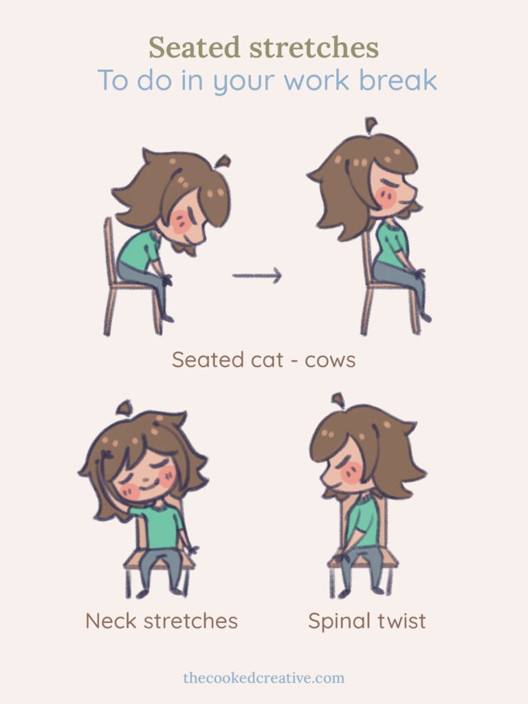 Cartoon showing seated stretches for work breaks, demonstrating easy ways to relax and refresh while sitting at your desk.