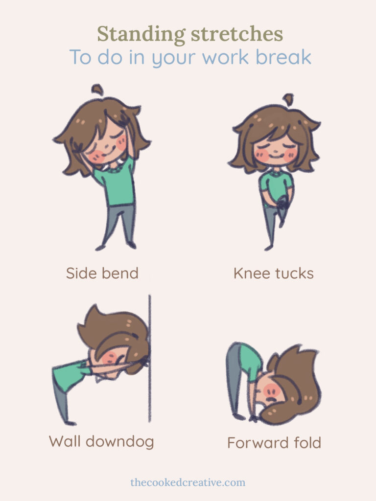 Instructional poster featuring standing stretches for the workplace, encouraging movement and reducing tension while working.