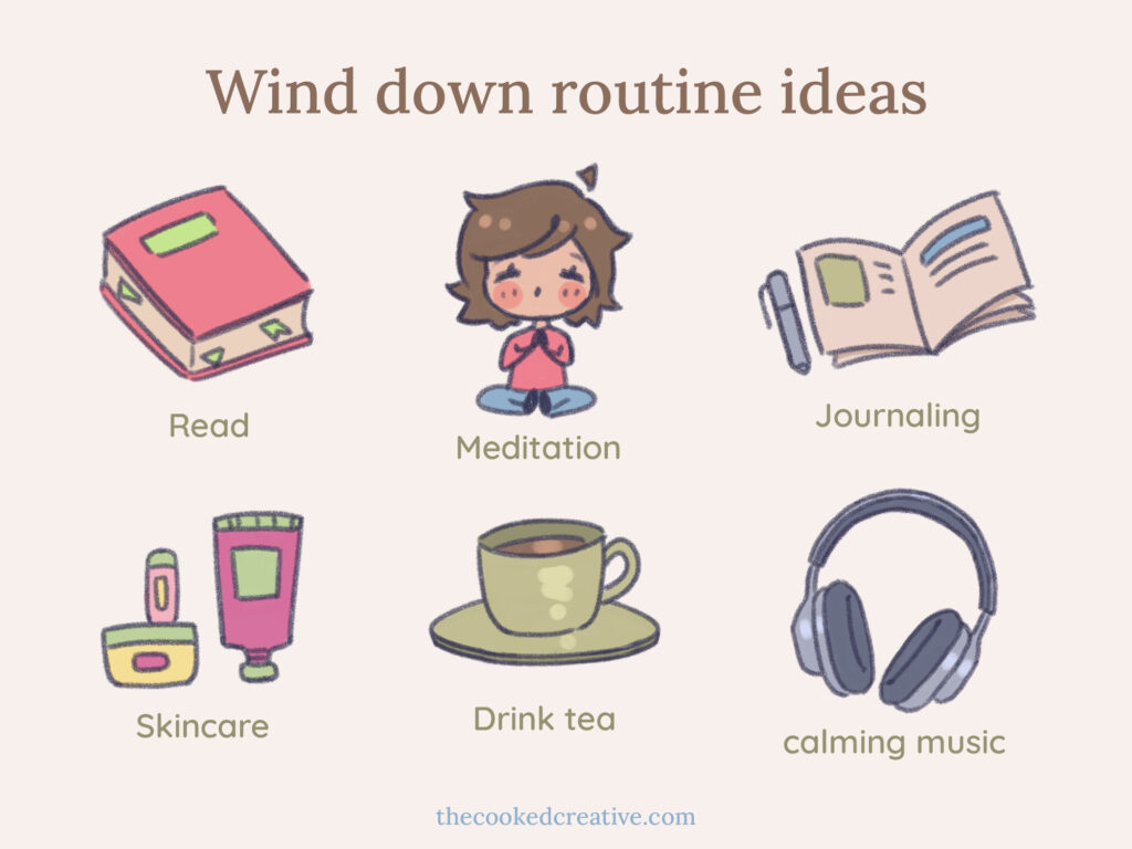 A colorful cartoon showing various wind down routine ideas like reading, meditating, and sipping tea for relaxation.