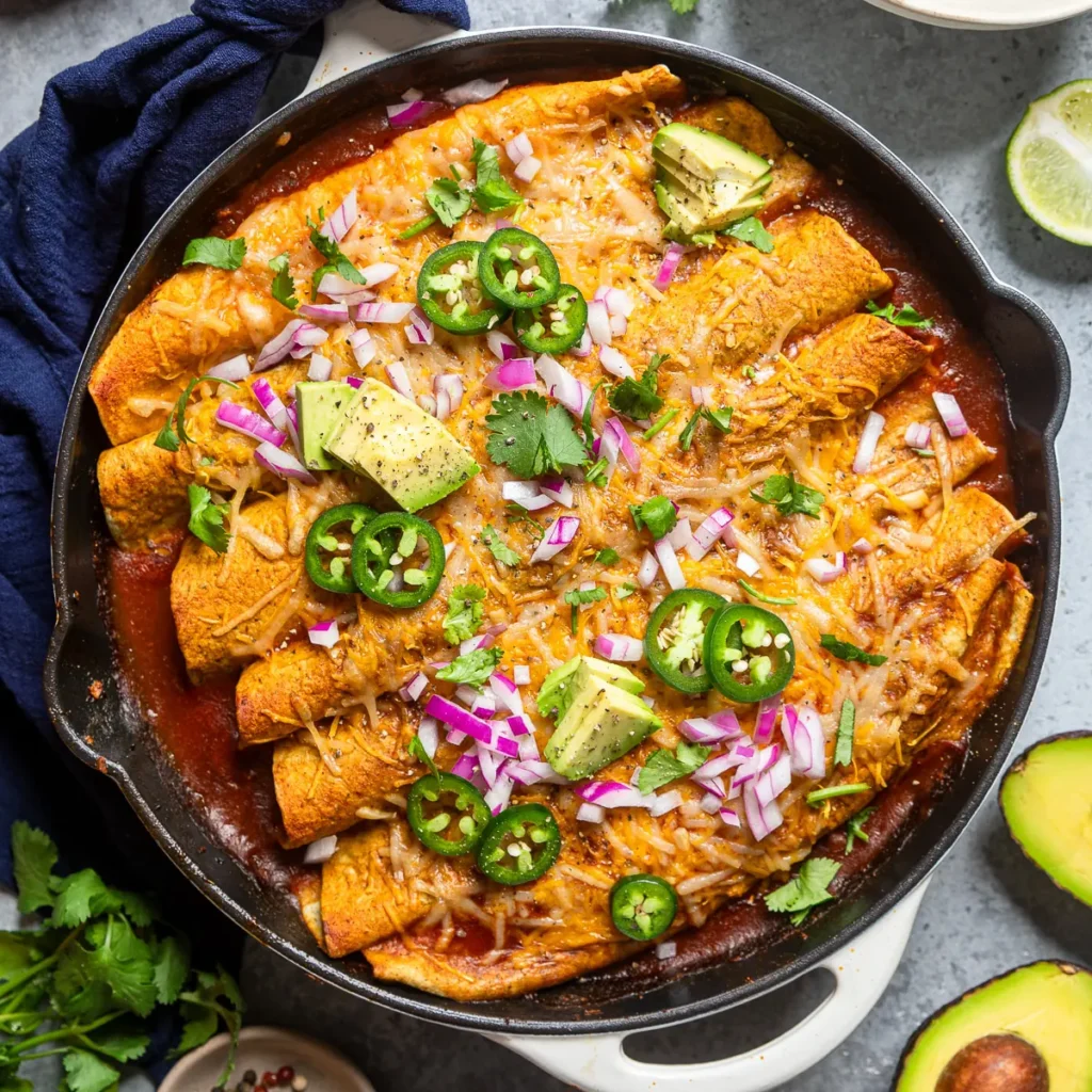 black bean and sweet potato enchiladas on a pot, topped with jalapenos and diced onions