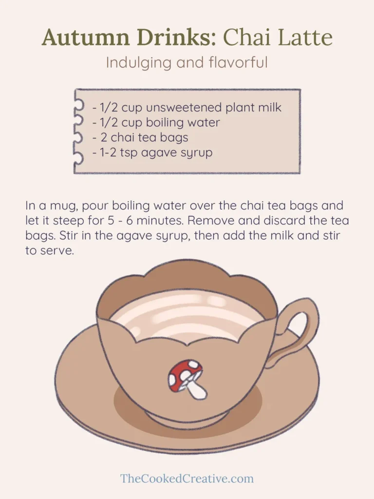 A drawing on a recipe of chai latte. use plant milk, boiling water, tea bags, and agave syrup.