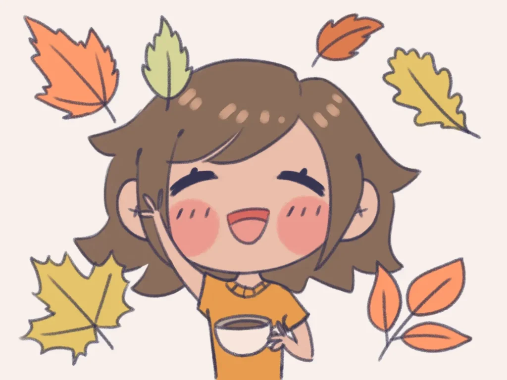 cartoon girl holding a mug with hea and her right hand up in the air, surrounded by orange leaves. she is happy autumn has come, has a big smile on her face.