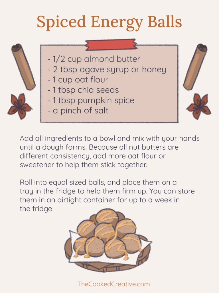 recipe for spiced energy balls, using almond butter, agave syrup, oat floar, chia seeds, pumpkin spice and salt.