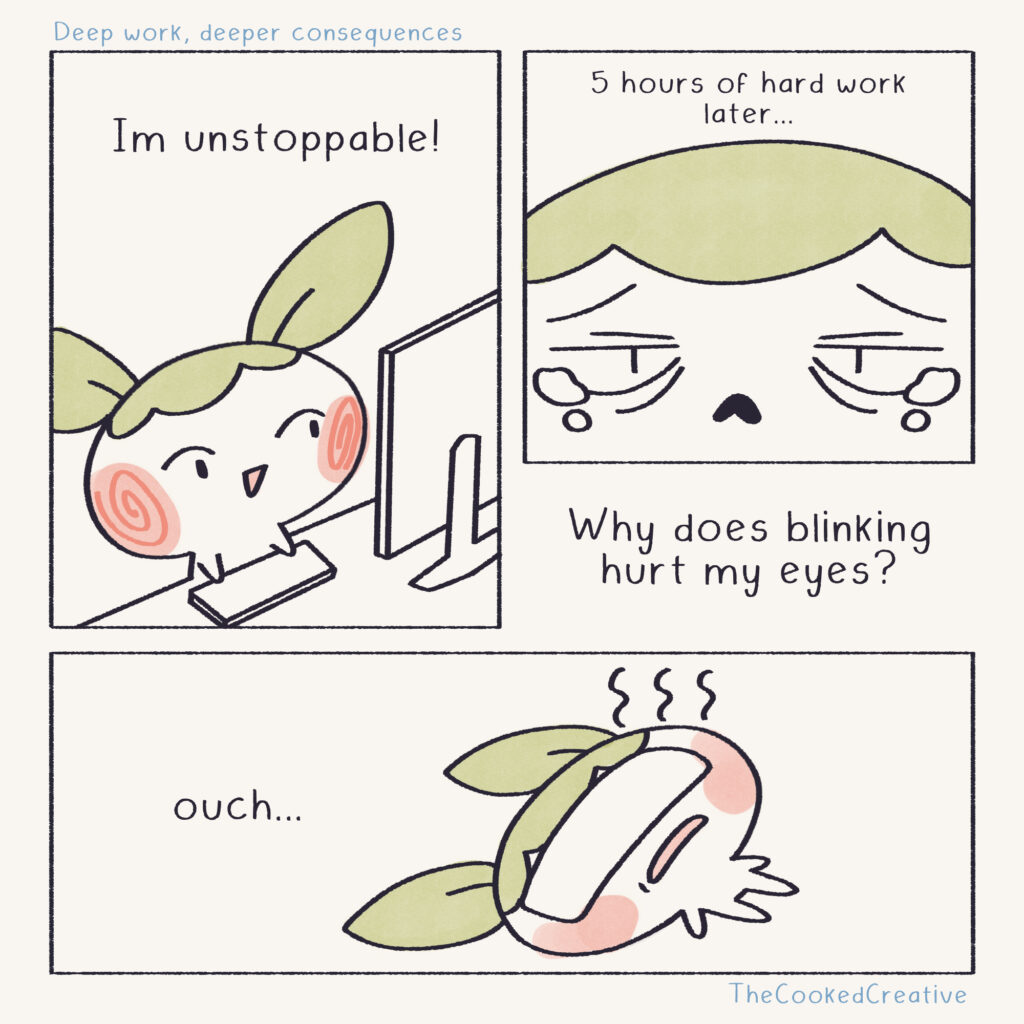 A funny comic strip shows a character crying due to eyestrain, capturing the struggles of those who work long hours on screens.