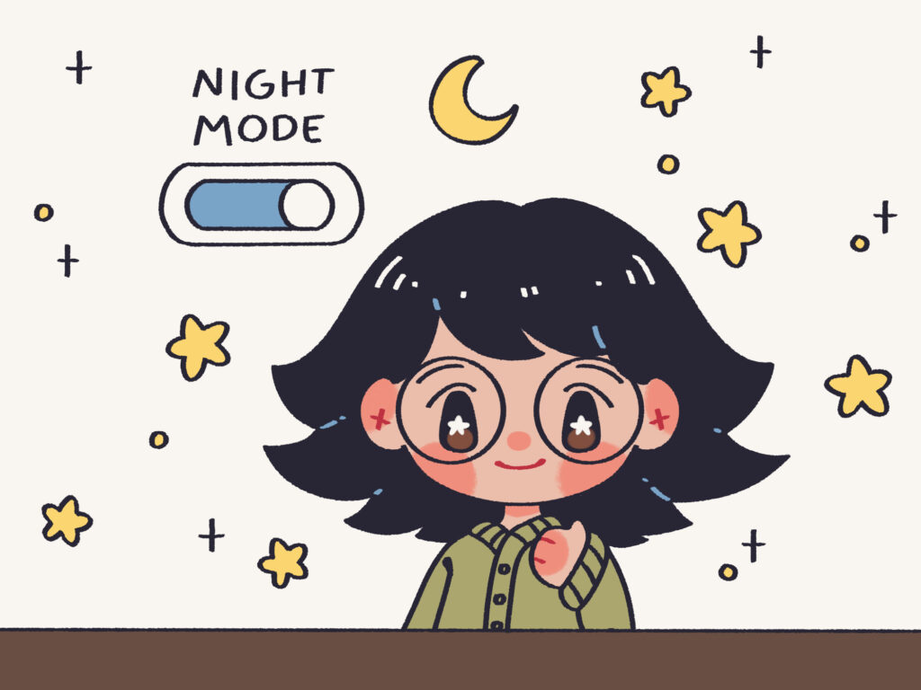 girl with glasses, night mode phone, and stars in the background, promoting good eye care at nighttime.
