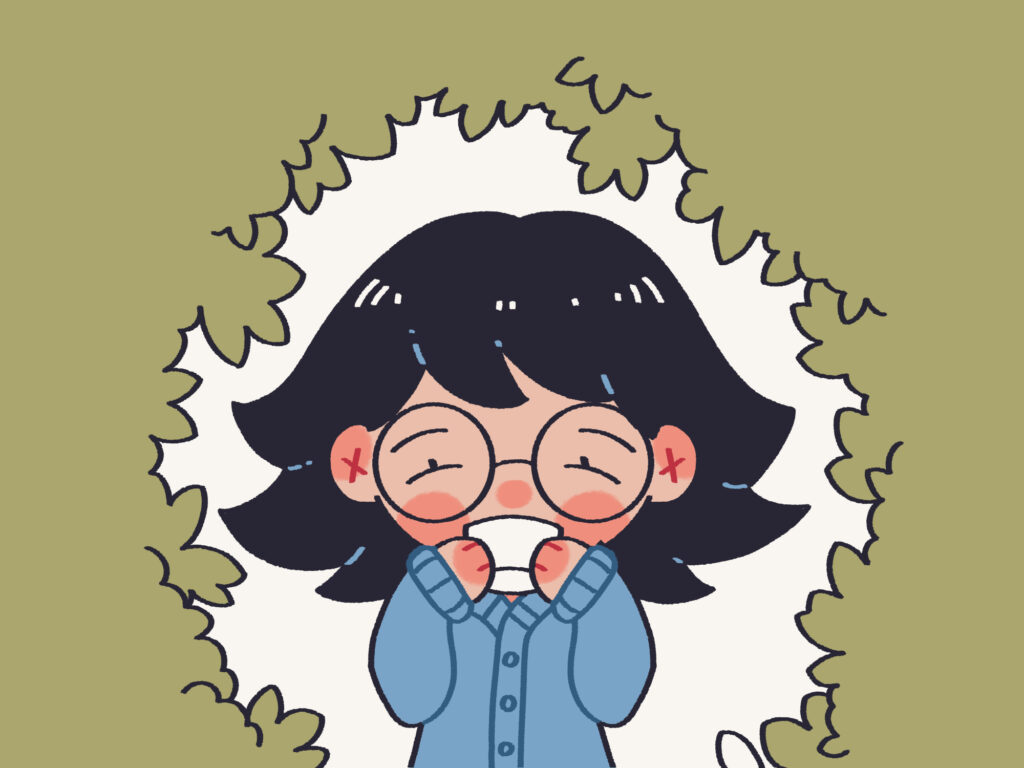 A cartoon girl with glasses sipping tea, symbolizing a break from media and a return to slow, balanced living.