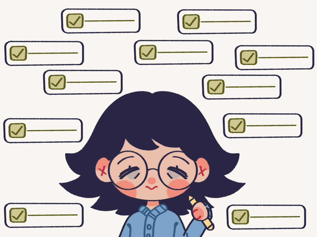Cartoon girl with glasses looks tired, holding a pen in front of a checklist, managing multiple tasks.