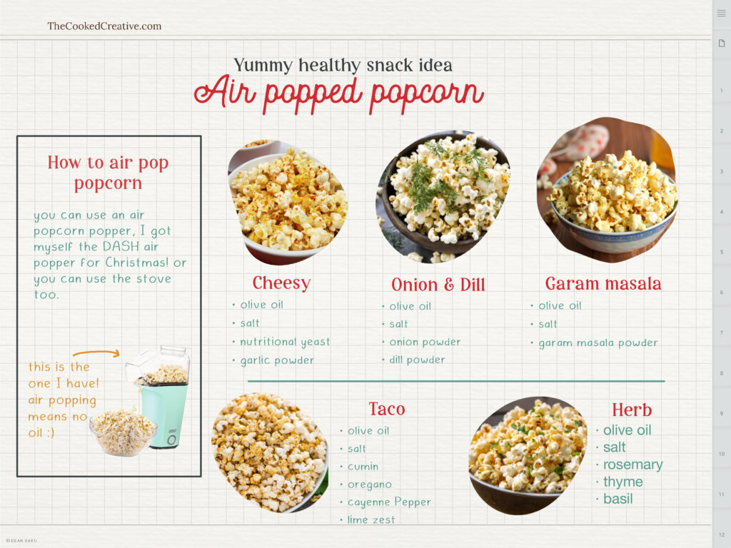 Instructional poster for preparing air-popped popcorn, offering creative seasoning suggestions for a nutritious and flavorful snack