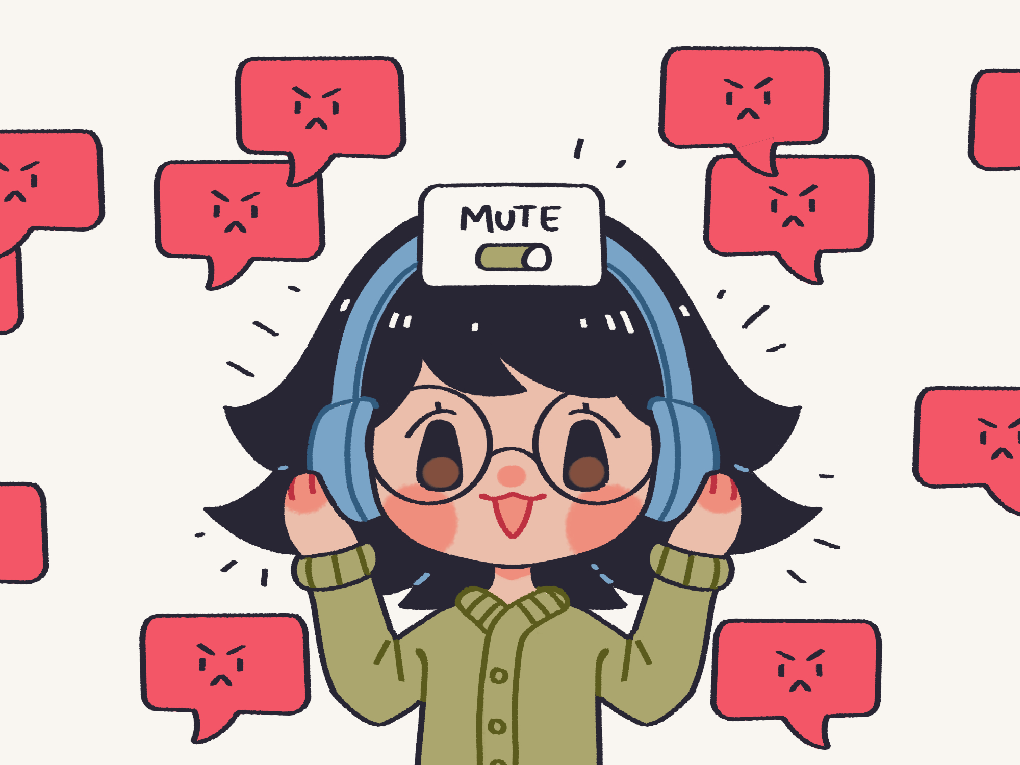 Cartoon girl wearing headphones, with hate simbols around her symbolizing challenges in maintaining work-life balance.
