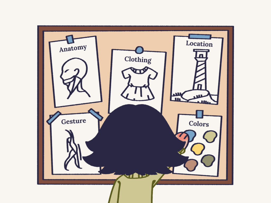 A girl examines a bulletin board filled with various items, using it as her visual reference tool.