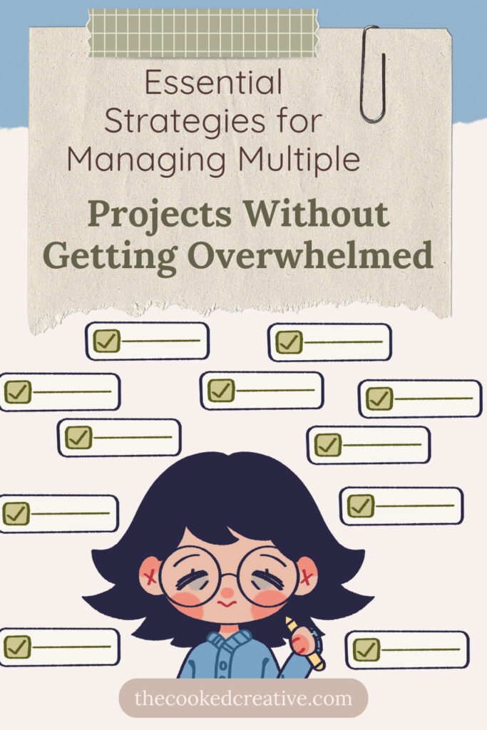 A weary girl juggling tasks with sticky notes and a laptop, representing strategies for managing multiple projects.