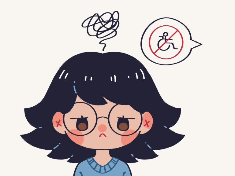 Cartoon girl with glasses beside a “no wheelchair”sign, representing the stress experienced in venues that lack accessibility for disabled individuals.