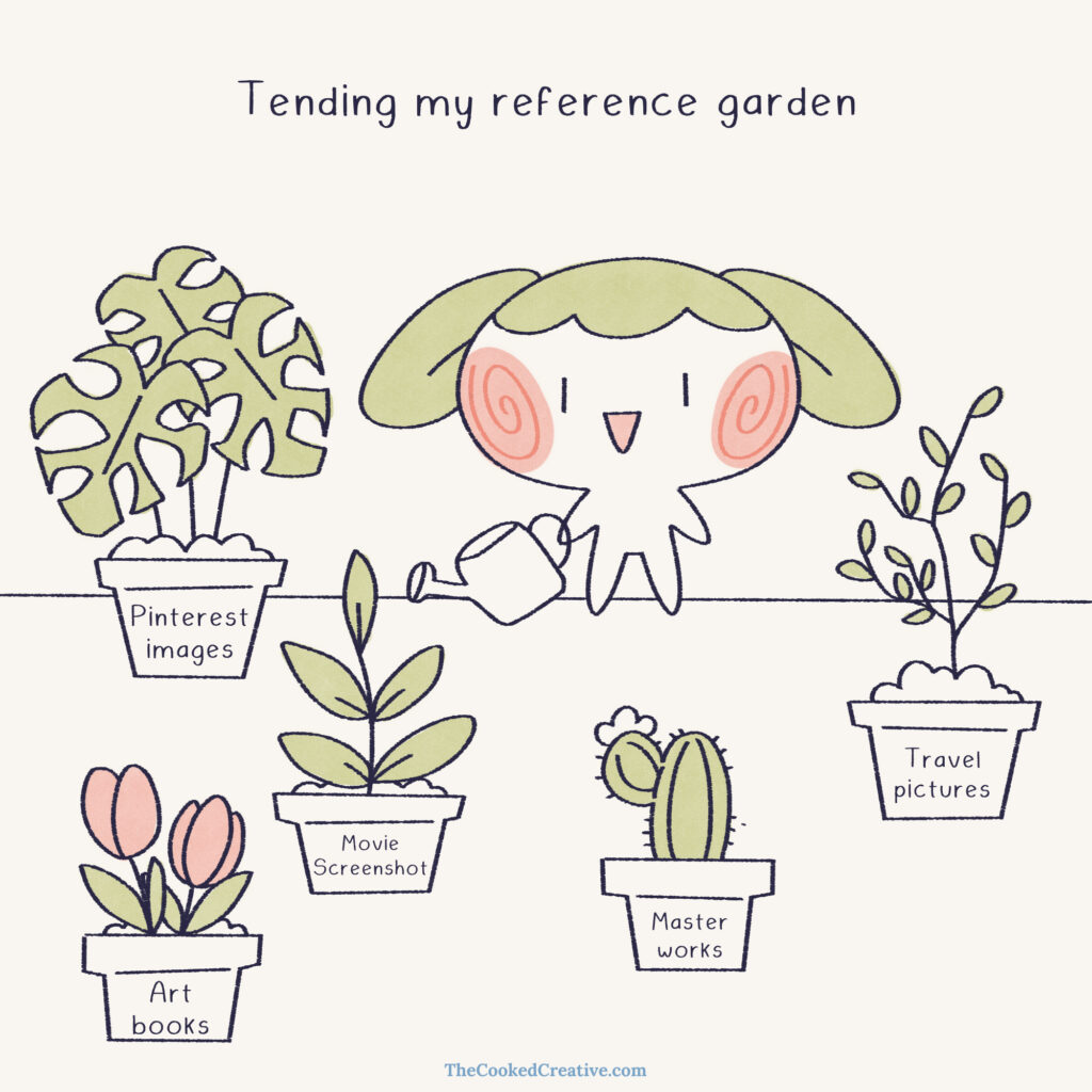 A character nurturing plants in a garden, symbolizing the growth of a digital reference library.