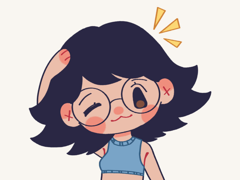 Cartoon girl with glasses in a blue top, looking concerned about injuries, emphasizing safety and care.