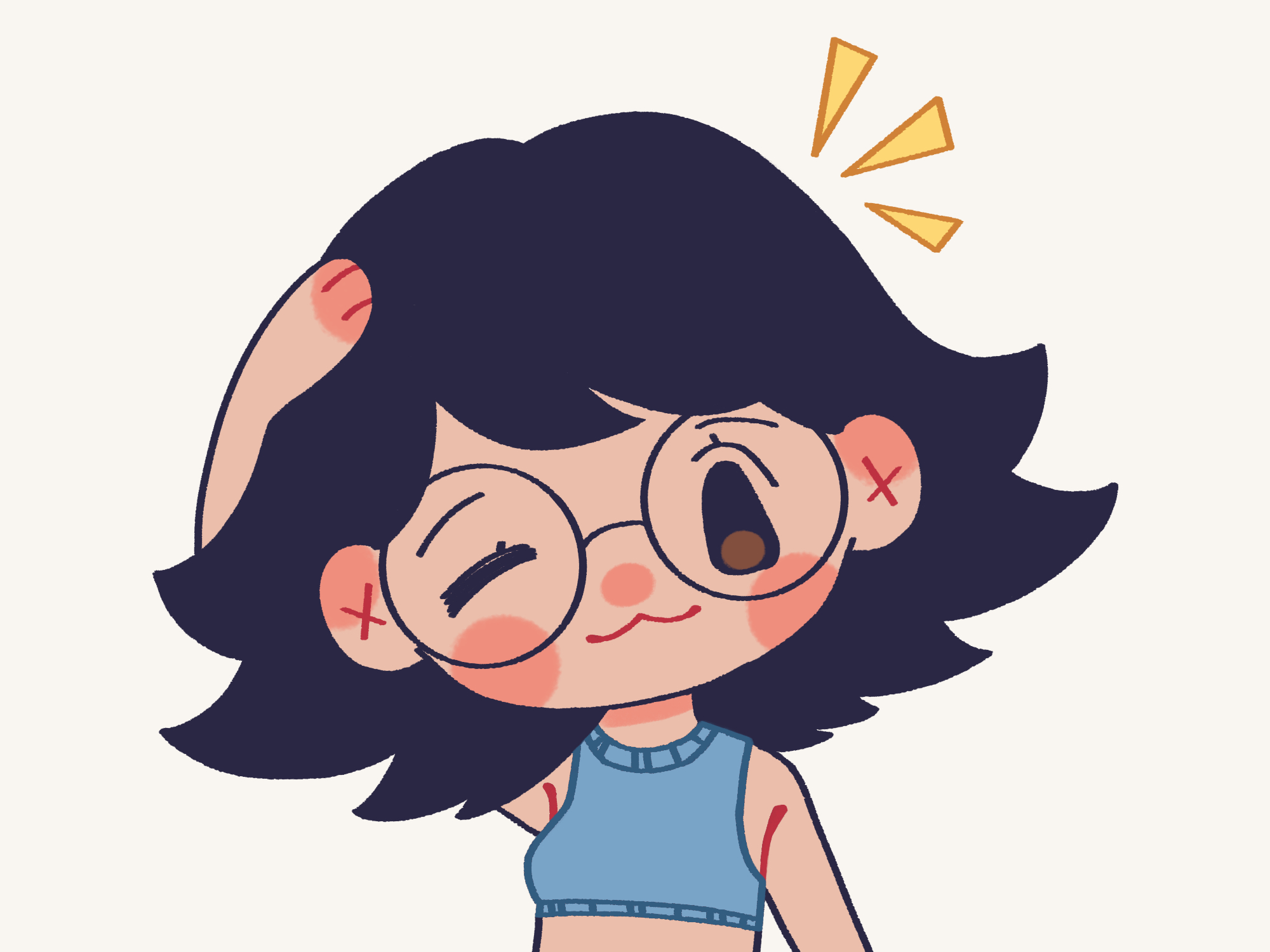 Cartoon girl with glasses in a blue top, looking concerned about injuries, emphasizing safety and care.